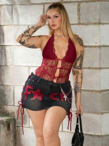 Arliah Women's Sexy Lace Halter Backless Bodysuit, Summer,Valentine's Day,Valentine Outfits For Women - Burgundy - View 1