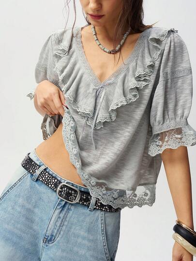 Bohemela Women's Casual Solid Color V-Neck Knit Shirt