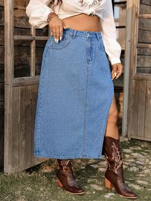 Breezaya Plus Size Women's Spring/Summer Vacation Side Slit Denim Skirt - Medium Wash - View 1