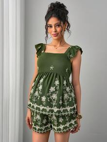 SHEIN Maternity Floral Embroidery Square Neck Cap Sleeve Top And Shorts Casual Suit - Army Green - View 3