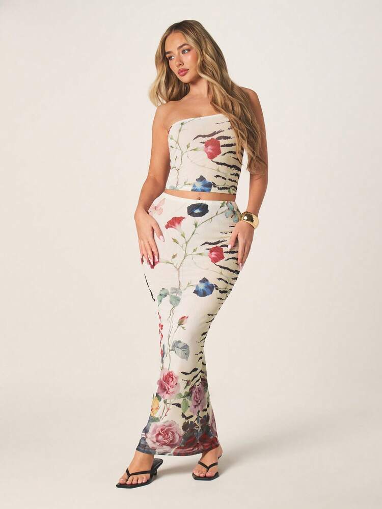 MISSGUIDED 스트랩리스 반도 크롭 탑과 바디콘 미디 스커트 투피스 세트, 여름 파티를 위한 혼합 플로럴 지브라 프린트 패턴