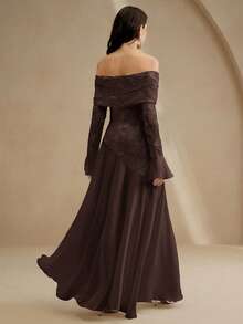 Anewsta White Elastic Fitted Flare Sleeve Off Shoulder Long Dress For Women - Brown - View 2