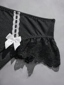 SHEIN 2pcs Baroque Dark Underwire Bra + Thong Panty Set - Black - View 7