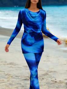 Swim Shayni 女士蓝色扎染波西米亚风印花深V领连衣裙，全包臀布基尼两件式泳衣，时尚夏季沙滩装 - 藍色 - 查看 5