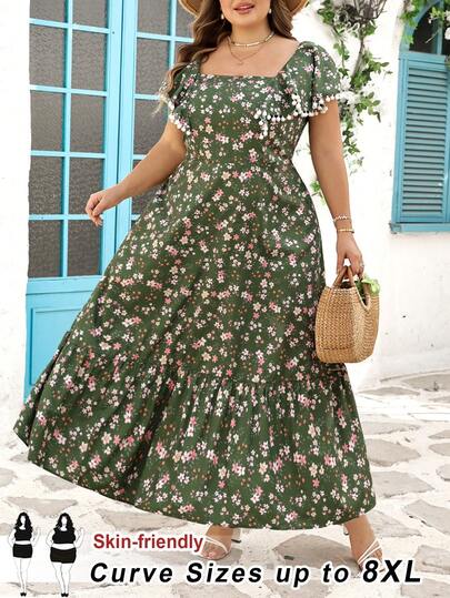 SHEIN CURVE+ Elegant Ditsy Floral Ruffle Sleeve Dress For Plus Size Women, Everyday Wear