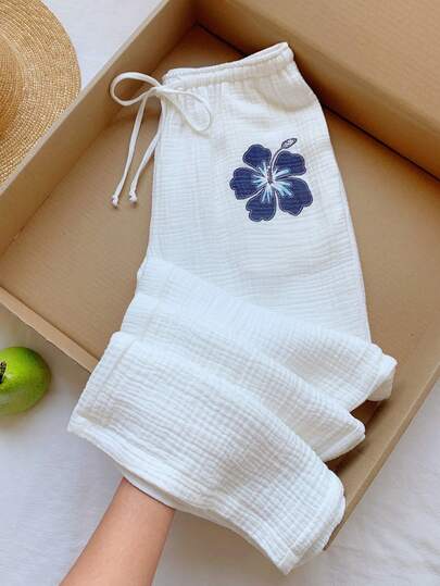 Comfortcana 女士印花系带腰部阔腿宽松裤