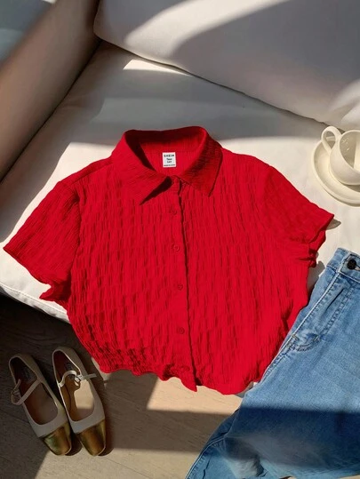 SHEIN Teen Girls Red Knit Crepe Short Sleeve Blouse, Casual Versatile Personalized Tops, Suitable For Music Festivals, Cropped Shirt