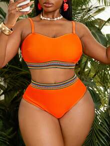 Slaydiva Plus Size Women 2pcs Solid Color Webbing High Waist Triangle Bikini Swimwear Set - Burnt Orange - View 3