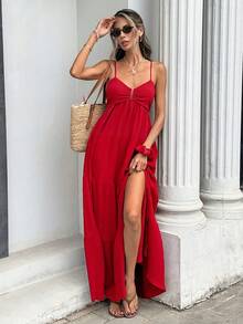 Pariaura Women's Solid Color Ruffle Hem Camisole Dress - Burgundy - View 4