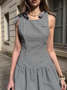 Pariaura 2026新款女士黑白格子无袖吊带短裙，系带蝴蝶结，侧边开衩设计，休闲办公简约度假风 - 黑與白 - 查看 1