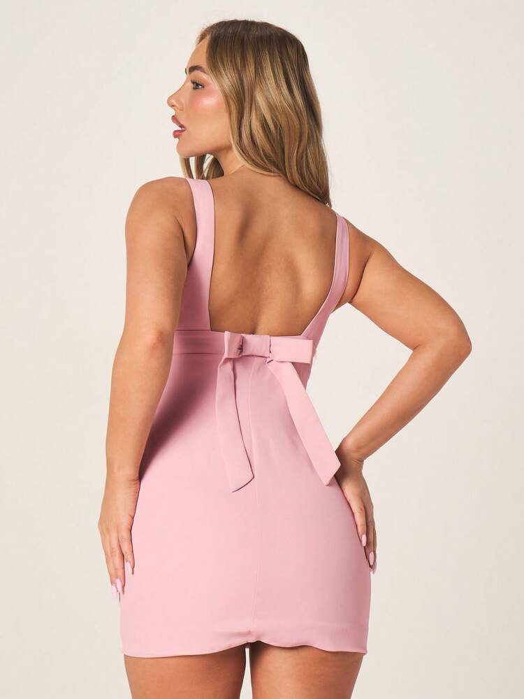 MISSGUIDED Pink Bodycon Mini Dress With Deep V Neckline And Back Tie Detail Perfect For Party Cocktail Evening Occasions