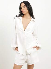 KSTM 女士白色亚麻套装，灯笼袖衬衫搭配宽松短裤，两件套夏季休闲装 - 白色 - 查看 4