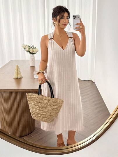 SHEIN Frenchy Plus SizeSummer Beach V Neck Maxi Dress Wooden Hoop Embellished Shoulder Strap Textured Flowy Fabric Beach Summer Dress Pastel Dress Green Maxi Dress Summer Dress Long Beach Dress Beach Women Dresses Summer Women Dresses Vacation Dress Vacation Outfits For Women Elegant Dresses For Ladie Graduation Dress For Women Wedding Guest Dresses Beach Outfit For Women Summer Dress Mother'S Day Dress A-Line Dress,Conert Ouit Women Office Outfits For Women