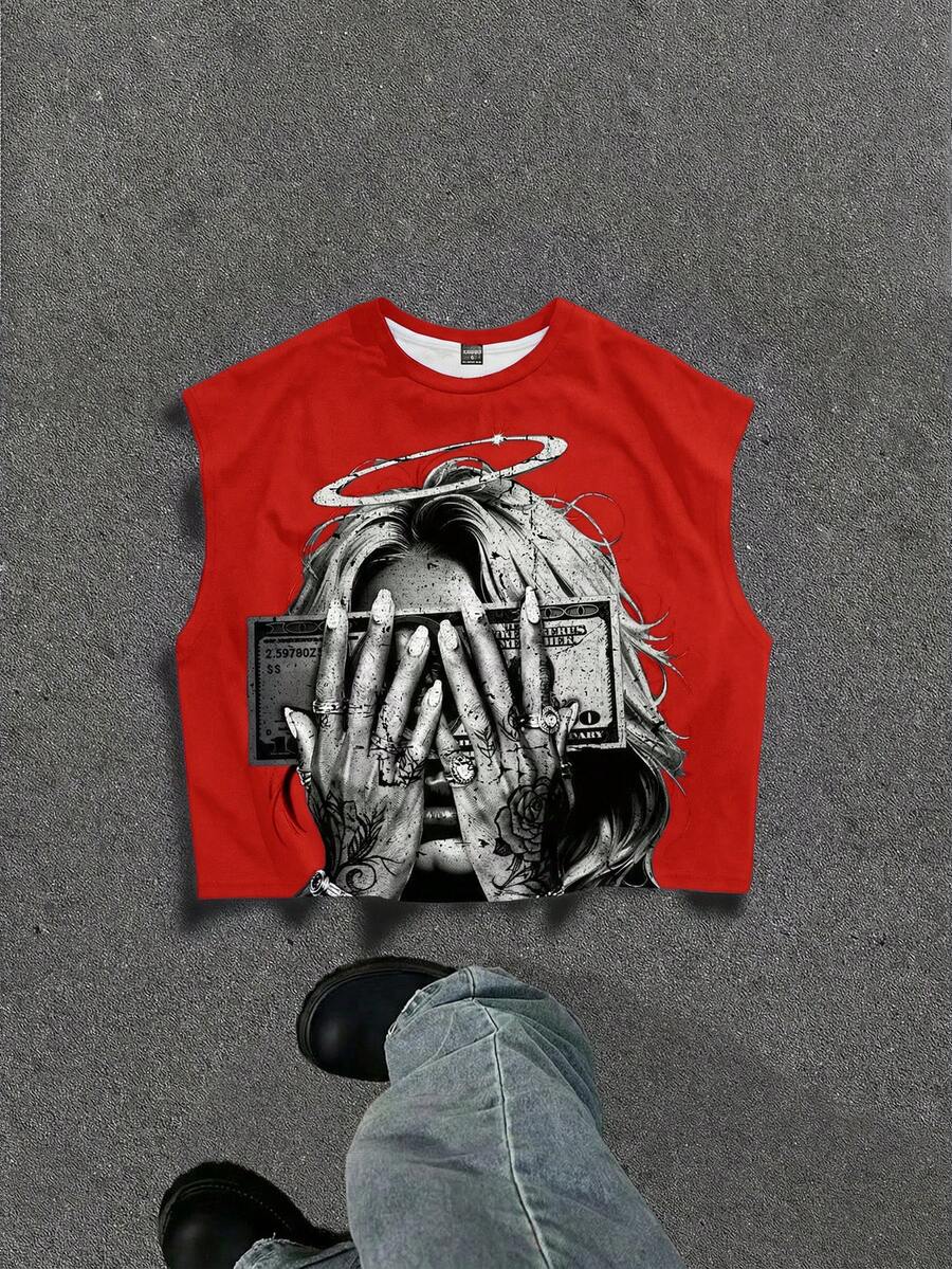 Manfinity ZONE917 Camiseta casual de cuello redondo con estampado gráfico para uso diario versátil para hombres - Rojo - Ver 1