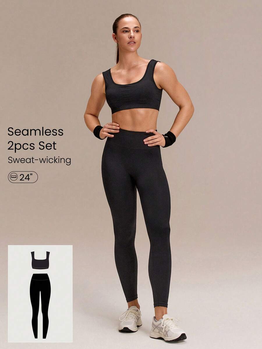 GLOWMODE Ultrafine Soft Seamless Square Neckline Removable Cups Ribbed Underbust Sports Bra & 24" Scrunch Butt Lifting Leggings Set Running Workout Gym - Black - View 1