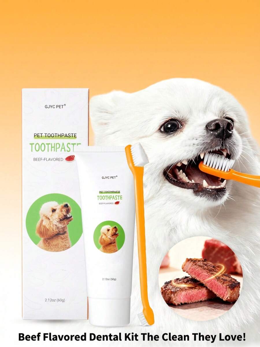 PETSIN 牛肉味宠物牙膏，适用于犬猫 - 2.12盎司，配有双头牙刷，温和清洁牙齿，清新口气，完整的日常口腔护理套装 - 彩色 - 查看 1