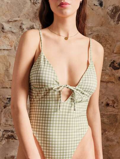 lacRébo Green Gingham Swimsuit One Piece Swimwear One Piece Beachwear Sexy Swimwear Spring Summer French Style Parisian Style