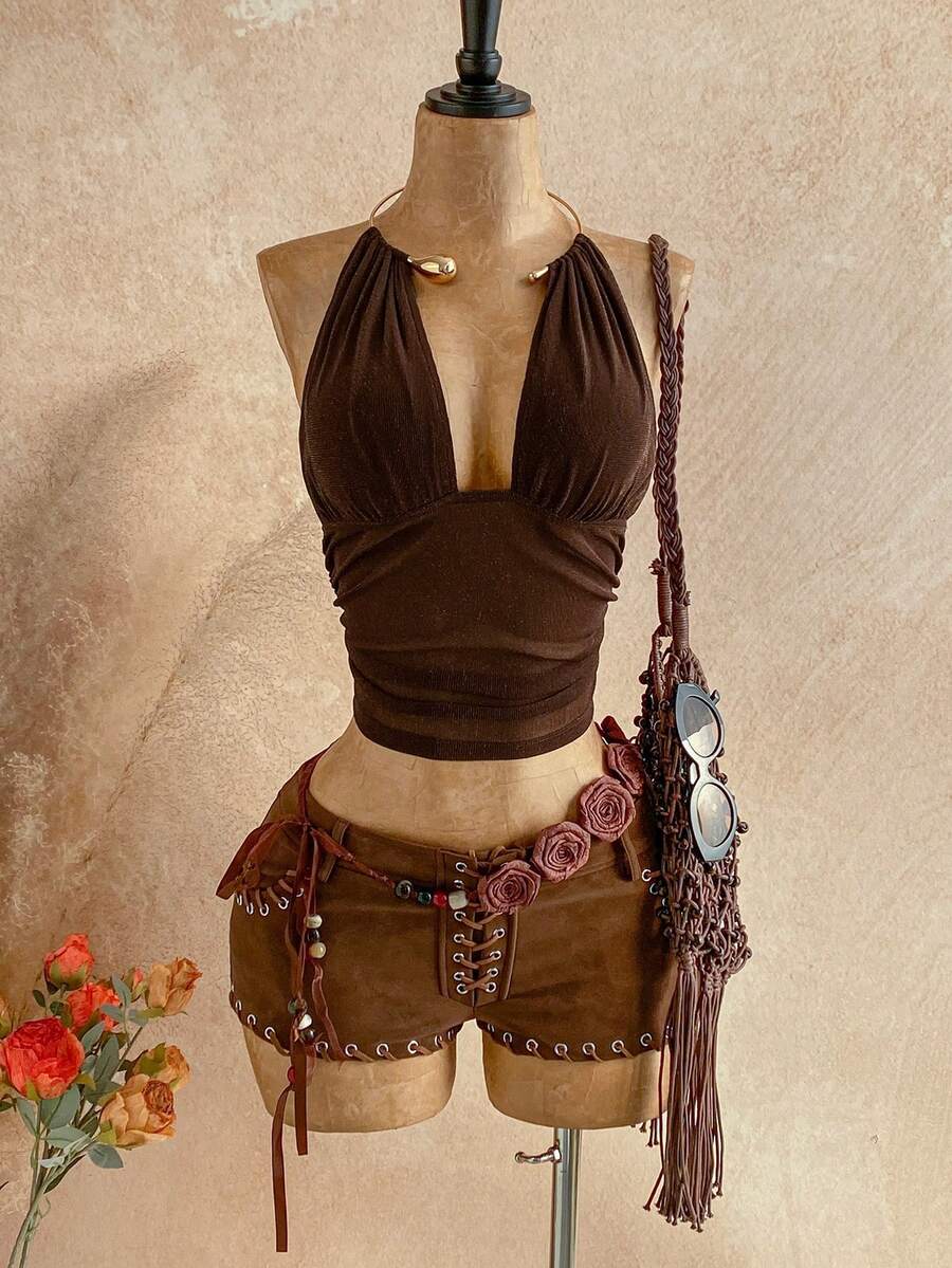 Soleia New Metallic Accent Knit Halter Neck Top, Suitable For Holiday, Date, Afternoon Tea, Beach, Cruise, Road Trip, Music Festival, Boho Vacation - Brown - View 1