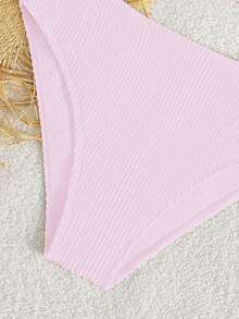 SHEIN Tween Girls Bikini Sets, Casual Pink Wavy Jacquard Knit Spaghetti Strap Deep V-Neck Tankini Swimsuit Set, Top With Triangle Bottoms, Fashionable Elegant Casual Suitable For Swimming, Summer Vacation, Beach, Pool, Holiday Party - Pink - View 4