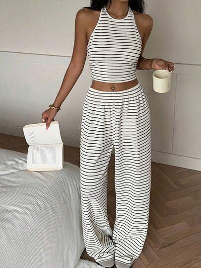 SHEIN EZwear Casual Minimalist Sports Style Black & White Striped Halter Neck Tank Top Paired With Loose Pants, Women 2-Piece Set, Versatile For Spring/Summer