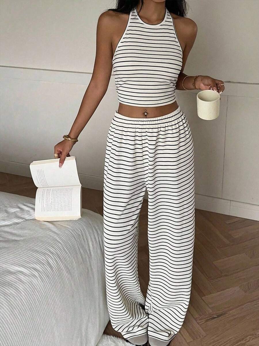 SHEIN EZwear 休闲简约运动风黑白条纹露背吊带背心搭配宽松长裤,女士两件套,春夏百搭单品 - 彩色 - 查看 1