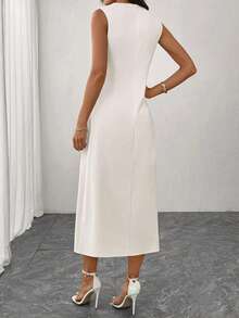 Uhlyne Women's Pleated Twist Design V-Neck Sleeveless Mid-Length Dress, Suitable For Spring, Summer, Autumn, Daily, Commute, Party, Date, Holiday - Apricot - View 2