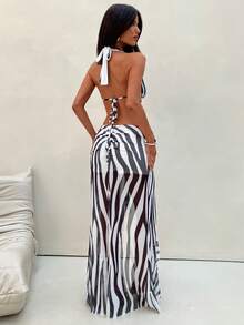 Aloruh 女士优雅交叉绑带动物纹沙滩度假斑马图案连衣裙 - 彩色 - 查看 3