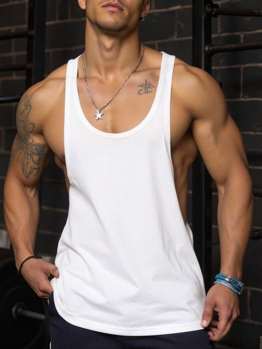 Manfinity Dauomo Men's Solid Color Minimalist Wide Strap Tank Top, Casual Everyday Wear - White - View 1