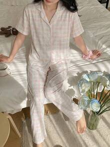 女童格子印花短袖上衣和裤子舒适睡衣套装（2件套） - 粉色 - 查看 9