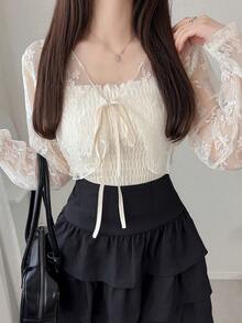FRIFUL Women's Front Tie Long Sleeve Lace Blouse - White - View 5
