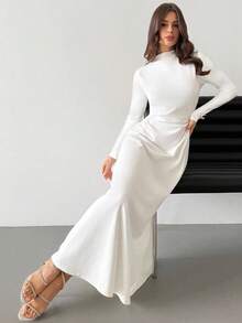 Firerie 女士新款优雅浪漫白色立领长袖褶皱 A 字长裙，适合日常通勤和约会 - 白色 - 查看 5