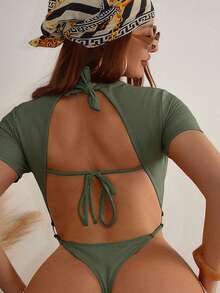Swim Lushoire Traje de baño de una pieza de unicolor con escote redondo y calado para mujer, primavera/verano - Verde militar - Ver 2