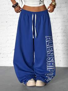 StreetHx 街头风女式朋克字母印花宽松长裤 - 藍色 - 查看 5