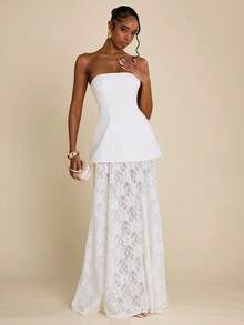 SHEIN BAE Women's White Strapless Contrast Lace Dress, Casual Minimalist Elegant Vacation Dress - White - View 1