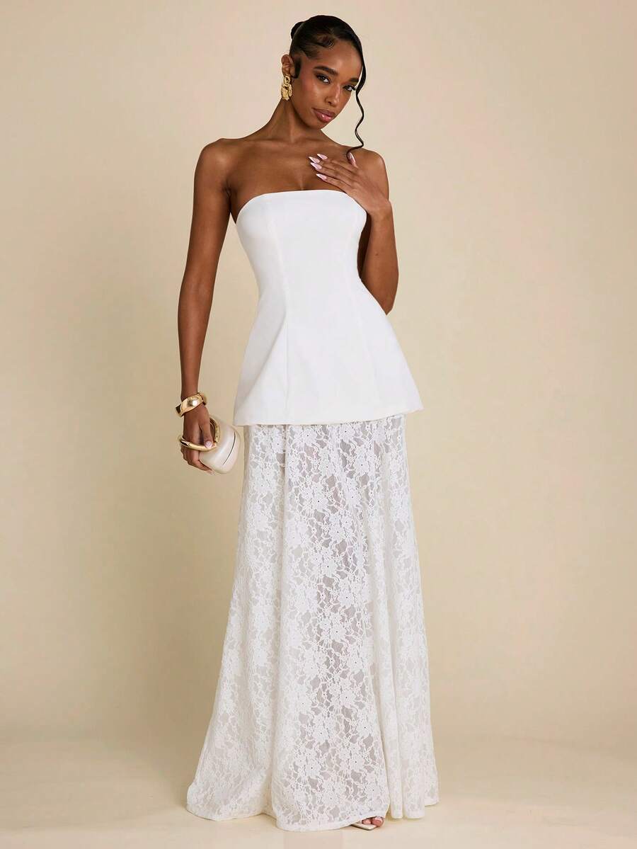 SHEIN BAE Women's White Strapless Contrast Lace Dress, Casual Minimalist Elegant Vacation Dress - White - View 1