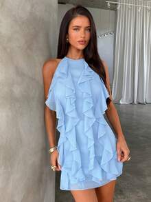 Aloruh 女士纯色荷叶边露背短裙 - 淺藍色 - 查看 5