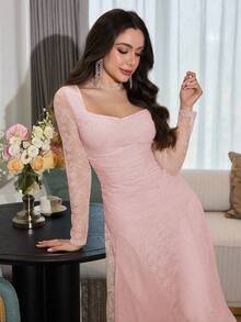 Modelyn 杏色蕾丝荷叶边长袖网纱拼接系带露背优雅中长连衣裙 - 粉色 - 查看 7