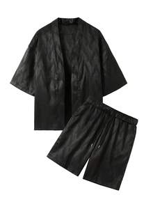 Manfinity RSRT 男士绞花针织印花开襟衬衫上衣搭配抽绳短裤休闲套装 - 黑色 - 查看 5