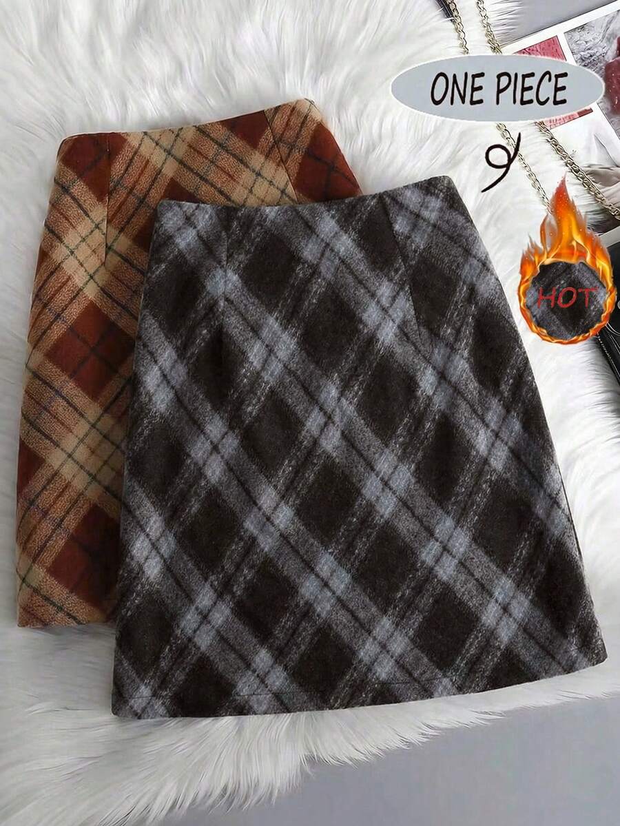 Franclia 女士格子羊毛A字裙，高腰显瘦复古厚格纹裙，秋冬新款 - 棕色 - 查看 1