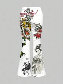 ROMWE Grunge Punk New Chinese Style Sexy Geisha Slogan Cute Sexy Camisole & Flared Pants With Layered Waistband, Women 2 Pieces Set - White - View 8