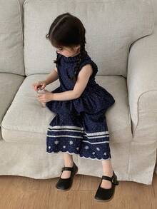 DAZY 2pcs Baby Girls' Polka Dot Washed Ruffle Hem Loose Wide Leg Casual Jeans Set - Blue - View 6