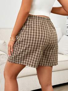 SHEIN 可调节腰围格子休闲宽松孕妇短裤 - 棕色 - 查看 2