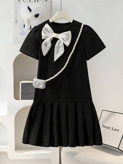 SHEIN Tween Girl Round Neck Bow Decor Ruffle Casual Daily Wear Short Sleeve Dress, Suitable For Summer
