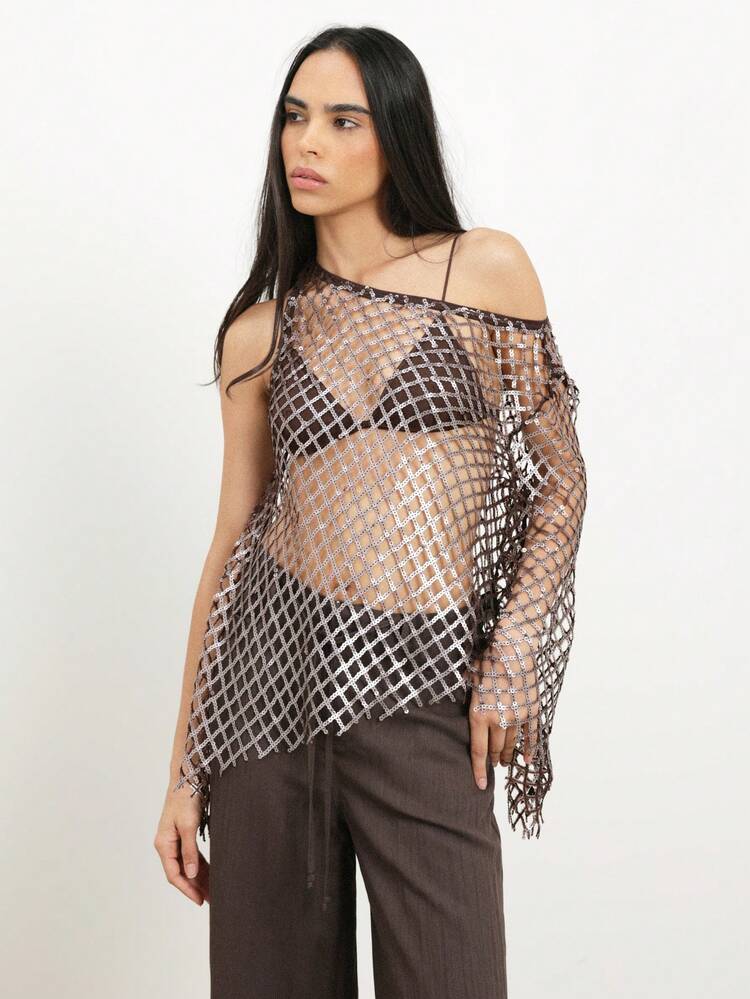 KSTM Women's Asymmetric One Shoulder Sequin Mesh Top With Metallic Diamond Grid Pattern And Draped Sleeves For Party Club Events