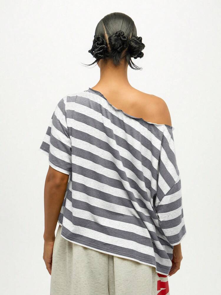 SUMWON WOMEN Plus Size Off Shoulder Striped T-Shirt With Tie Front Detail And Asymmetric Neckline For Casual Everyday Wear