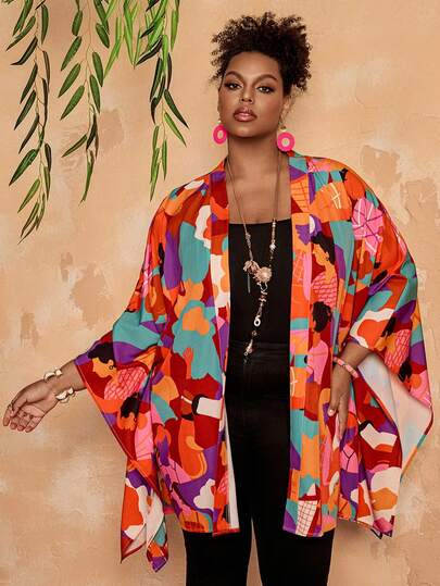 EMERY ROSE 大码女式宽松开襟夹克，饰有度假图案