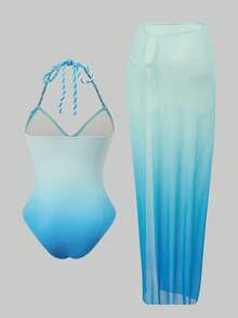 Swim Oasis Bộ áo tắm liền thân cổ yếm phối màu ombre dành cho nữ, kèm áo khoác ngoài và chân váy cùng màu, hoàn hảo cho kỳ nghỉ. - Màu xanh lam - Xem 4