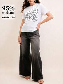 Anewsta Áo thun nữ tay ngắn cổ tròn in họa tiết hoa, kiểu dáng thường ngày, đa năng. - trắng - Xem 3