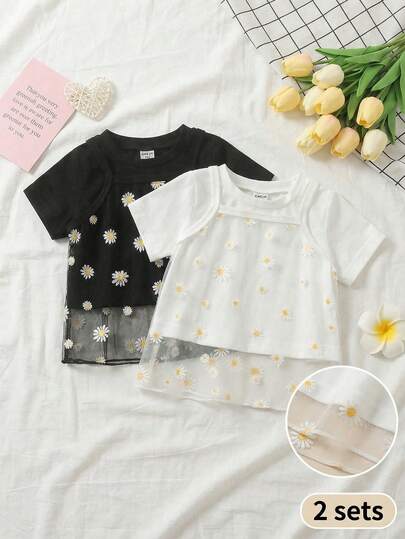 2 Pack Toddler Girl Kids Summer Casual Sweet Daisy Floral Print Mesh Patchwork Short Sleeve Crew Neck Soft Tee Shirts Tops Blusas Clothes Sets For Daily Vacation Party Beach Photo Shoot Spring Summer