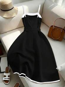 Franclia 女士黑白短款连衣裙，春夏系带连衣裙，时尚连衣裙，黑色中长连衣裙，优雅连衣裙，黑白连衣裙，精致女装，女士服装，连衣裙，女士正装，高品质连衣裙，惊艳连衣裙 - 黑與白 - 查看 2